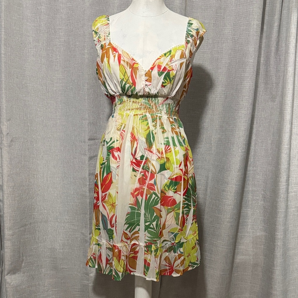 Cute Beach Dress/CoverUp-Sheer-M-Tiki Palm brand-Tropical Print-Lime/Red/Green